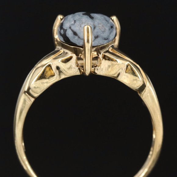 Gold Tone Sterling Silver Snowflake Obsidian Triangular Ring - Picture 3 of 8